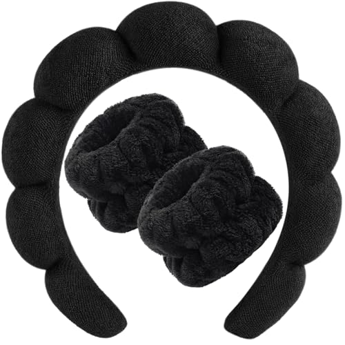 Image of Spa Headband and Wristband Set, Face Wash Headband Makeup Skincare Headband Wrist Bands Washing Face for Preppy Skincare Women Girl (Spa Headband - Black)