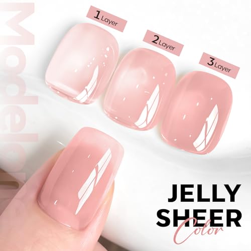 Image of modelones Pink Gel Nail Polish Nude Pink Nail Polish Jelly Sheer Natural Translucent Soak Off U V Gel Clean Girl Valentine Nails for Women Nail Art French Tip Manicure 15 ML
