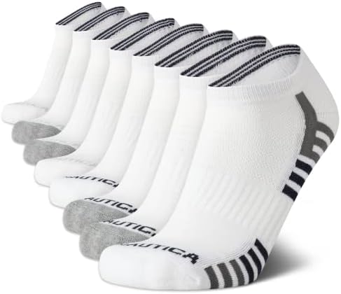 Nautica Men's Athletic Socks - Cushioned Low Cut Socks (8 Pack), Size 6-12.5, White Stripe