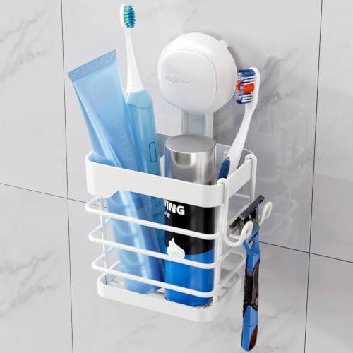 Image of TAILI Suction Cup Toothbrush Holders with Visible Safety Indicator, White | Wall Mounted, Visible Safety Indicator, Inverted Trapezoid Design Bathroom Organizer Removable for Tooth brush and Toothpaste