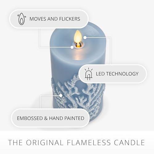 Image of Luminara Embossed Coral Flameless LED Candle Moving Flame Pillar, Unscented Real Wax with Recessed Edge 3 inch x 6.5 inch (Soft Chambray)