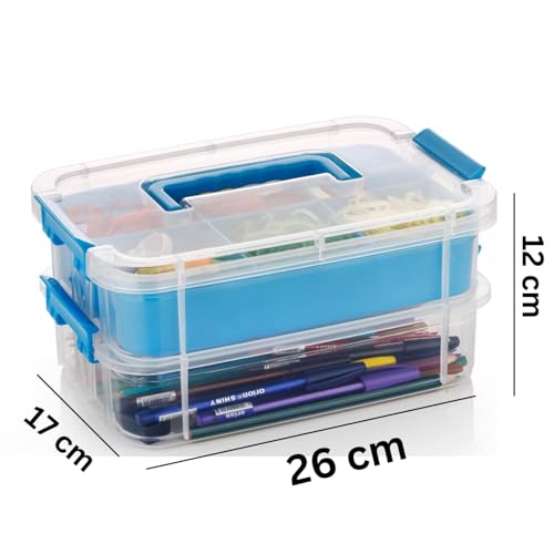 Image of Golden bird plastic boxes for Storage transparent, Space Saving Organiser with Lid Portable & Stackable for Jewelry, Beads, Crochet, Sewing, Scrapbooking DIY Craft (2 tier, Blue)