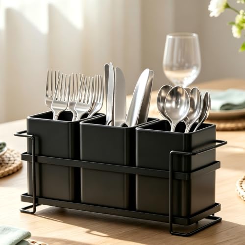 Ewaiira Silverware Caddy Utensil Holder for Party, 3-Compartment Metal
