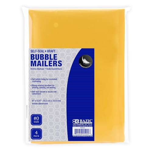 BAZIC Kraft Bubble Mailers #0 6"x9.25" Self Seal Closure, Padded Cushion Envelope, Yellow Mailing Shipping Envelopes Paper Bag (4Pack), 1-Pack
