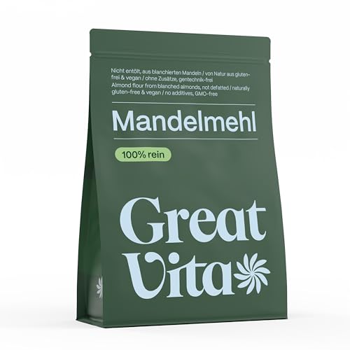 GreatVita Mandelmehl, 1000g | naturbelassen & blanchiert | feines Mehl aus gemahlenen Mandeln - ideal für Low-Carb Küche, Backen & Panieren | reich an Proteinen & Ballaststoffen, vegan