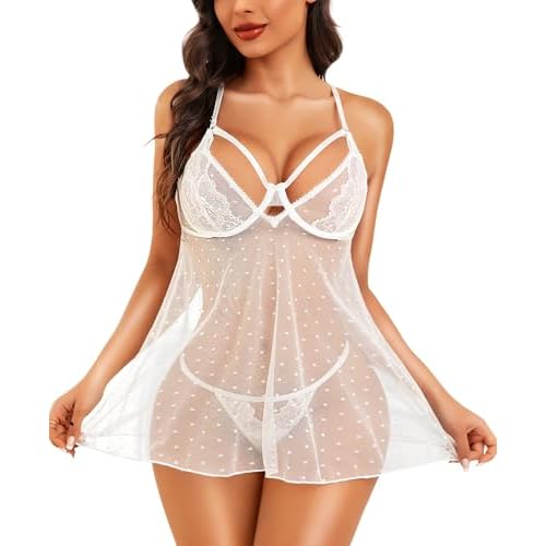 RSLOVE Women Sexy Babydoll Lingerie - Lace Sheer Mesh Sleepwear Polka Dots Bridal Chemise Nightie Dress XX-Large White