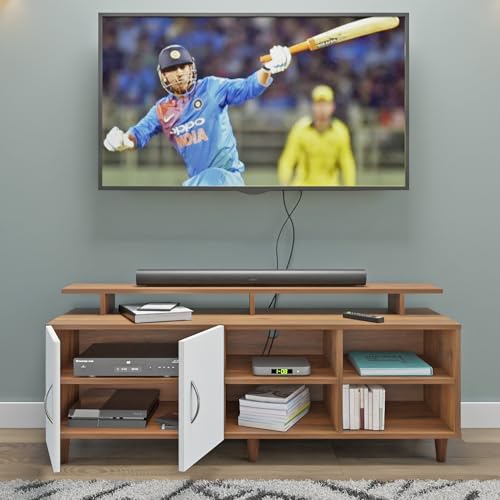 Image of VIKI Modern TV Unit for Living Room | Engineered Wood TV Cabinet with 2 Door Storage, 2 Open Shelves & Extension,Entertainment Unit, 140W x 48H x 40D cm | DIY | 1 Year Warranty (Walnut & White)