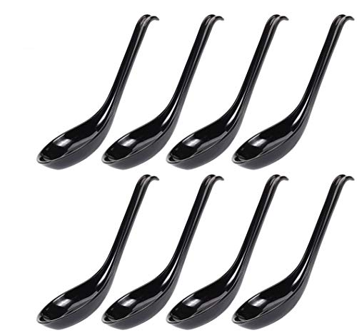 Comicfs Asian Soup Spoons 8 pieces, 8HSP-B, Large Japanese Soup Spoons, Soba Rice Pho Ramen Noodle Soup Spoons, Chinese Won Ton Soup Spoon, Hook Style (8 Spoons, Black)