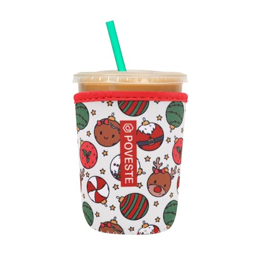 Image of Reusable Neoprene Insulator Sleeve for Iced Coffee & Cold Soda, Coffee Sleeves for Iced & Hot Drinks, Cold Beverage Cooler Compatible with Starbucks, Dunkin (Chrsitmas Party, Small: 16-18oz)