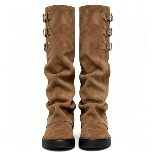 Image of ClassicSter Fold Over Knee High Boots Slouch Boots for Women Chunky Goth Platform Boots,2 inch Heel Wide Calf Long Boots Square Toe Riding Boots