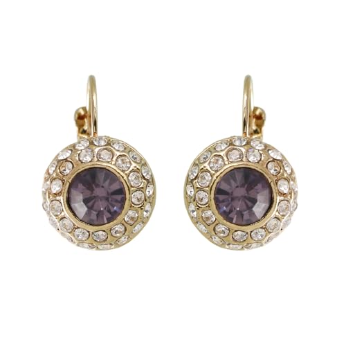 Image of University Trendz Purple Stone-Stud Gold-Plated Clip-On Lever-Back Drop Earrings
