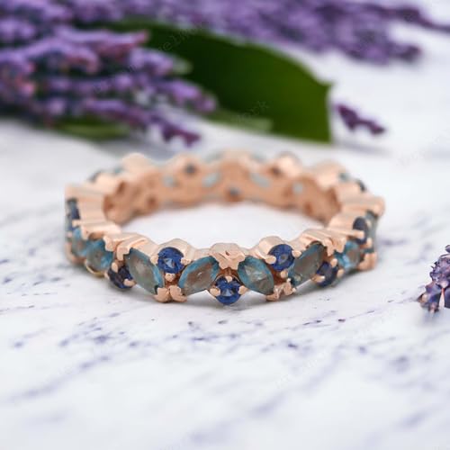 Aquamarine Wedding Band Vintage Topaz Full Eternity Classic Ban Women Matching Stackable Band Personalized Jewelry Gift For Love, Blue3