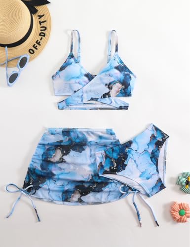 Image of KORADI Girls Swimsuit 3 Pieces V-Neck Bikini Set Printed Cross Front Bathing Suit Drawstring Cover Up Skirt 8-12 Years
