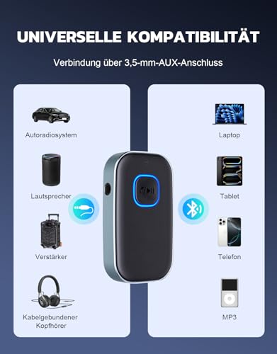 Glangeh Bluetooth 5.3 Adapter Auto, Upgraded Lärmminderung 3,5mm Aux Bluetooth Adapter, 16H Standby Empfänger Receiver Klinke für Auto Audio System, Kopfhörer, Speaker, Stereo-Endstufen (Grau)