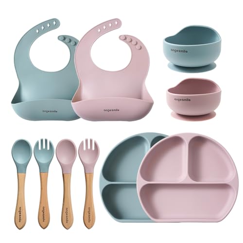 Image of Baby Feeding Essentials Silicone Ange Smile 12 Set Bib, Baby Bowl, Suction Plate, Spoon, Fork Eating Utensils for 6+ Months Kids Toddler Kawaii (Blue/Pink)