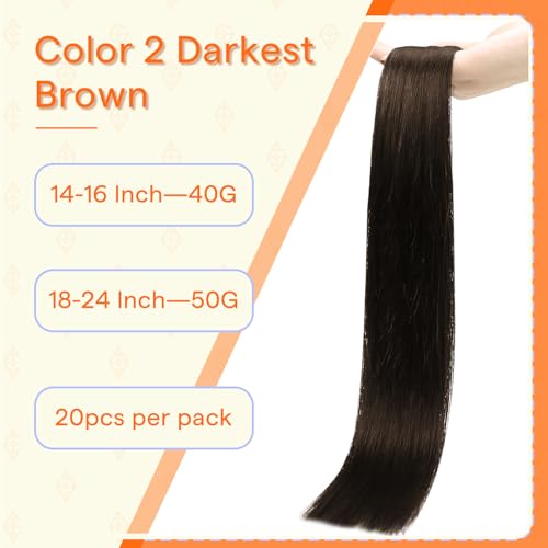 Image of Full Shine Tape in Extensions Human Hair 16 Inch Color 2 Dark Brown Invisible Hand Tied Weft Hair Extensions Real Human Hair Tape in 20PCS Natural Seamless Soft and Silky 40g Add Volume