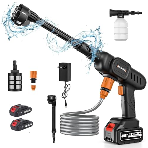 Hidrolimpiadora Bateria, 21V 60 Bar Hidrolimpiadora Portátil, Hidrolimpiadora con de 2X 6000mAh Bateria, Manguera de 5M, Boquilla Ajustable 6 en 1, Jarra de Espuma, de para Terraza, Ventana, Césped