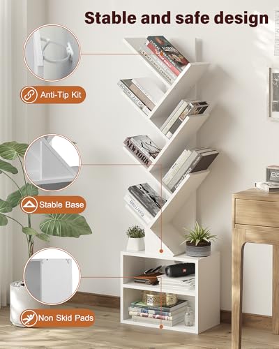 Image of SUNMORY 6 Tier Tree Bookshelf, Tall Small Bookcase with Storage Cabinet | Modern Narrow Bookshelves Organizer, Floor Standing Book Case Shelf for Bedroom Living Room Home Office Corner, White