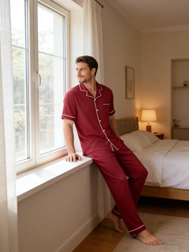 Image of Mens Pajamas Set Short Sleeve Sleepwear Button Down Loungewear Set Soft Modal 2Pcs Pj Set with Pockets S-3XL