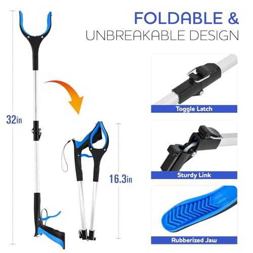Grabber Reacher Tool,32 Inch Extra Long Foldable Pick Up Stick with Strong Grip Magnetic,360°Rotating Anti-Slip Jaw,Trash Claw Grabber Tool,Trash Picker Tool for Outdoor & Indoor (Blue1) - Thumbnail 4