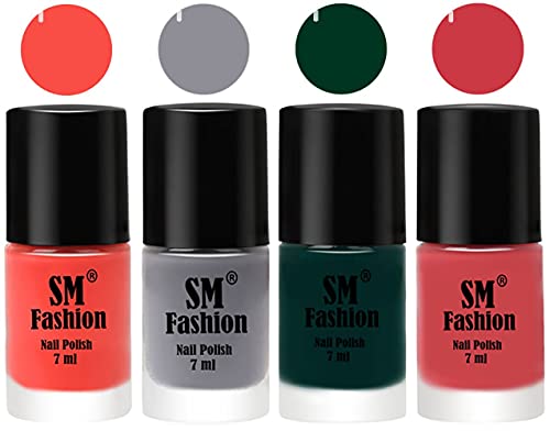 Image of Nail Polish Combo Set (Pack of 4) Quick Dry Gel Finish Nail Paint | Coral,Gray,Dark Green,Punch Pink | 7 ml Each