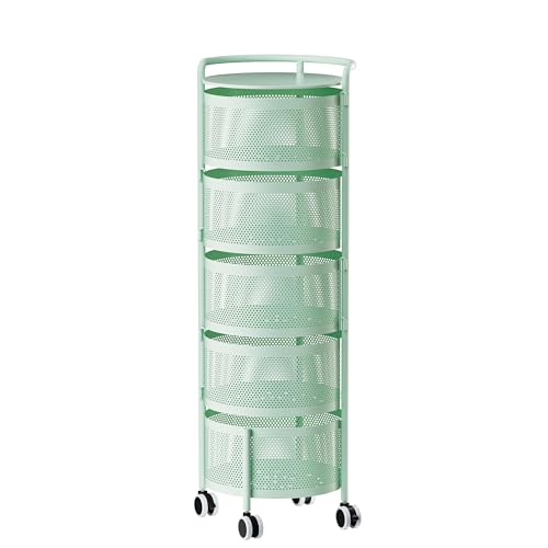 Image of JAQ Rotating Fruit Basket, 5-Tier Metal Sturdy Kitchen Storage Rack Shelf Carts No Assembly on Rolling Wheels for Fruit Vegetable Grocery Corns Potato Onion (5-Tier, Green)