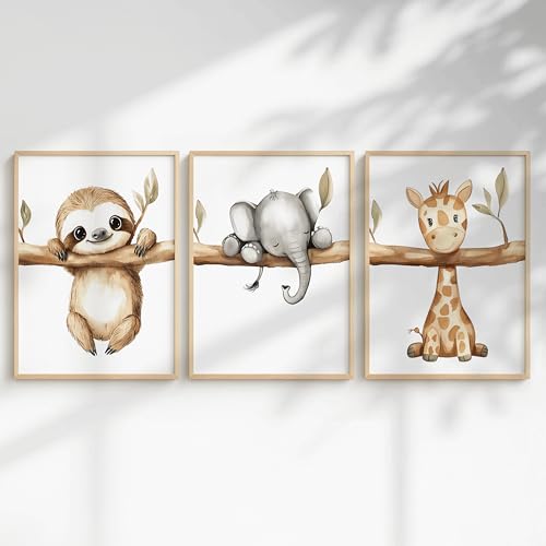 Generisch 3er Dschungel Poster-Set fürs Babyzimmer A4 A3 - Bilder Safaritiere: Elefant Faultier Nilpferd Giraffe Löwe Zebra Panda fürs Kinderzimmer (Safari Faultier DIN A4 Ungerahmt)