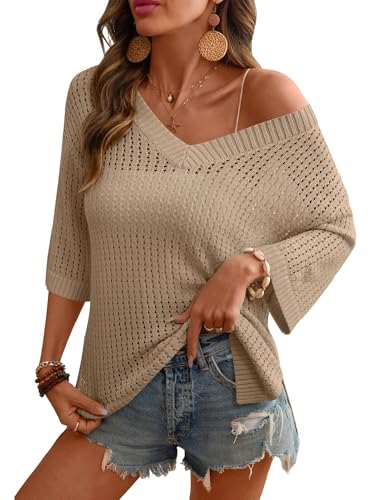 Image of Rapbin Women's Crochet V Neck Beach Cover Up 3 /4 Sleeve Hollow Out Knitted Pullover Sweater