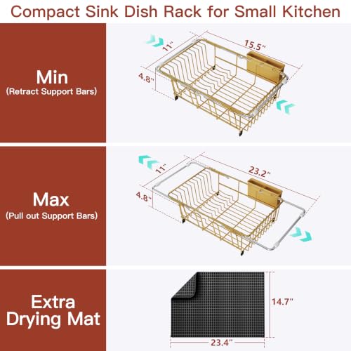 Image of JASIWAY Gold Dish Drying Rack in Sink with Mat, Cups and Utensil Holder