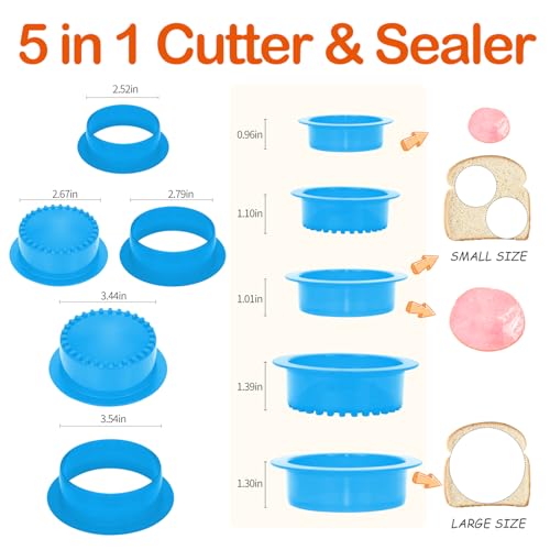 HiYZ Sandwich Cutter and Sealer - 5 PCS Decruster Sandwich Maker - Peanut Butter and Jelly Crustless Sandwich Bread Pancake Maker Cookie Cutter (Round Blue and FruitPicks)