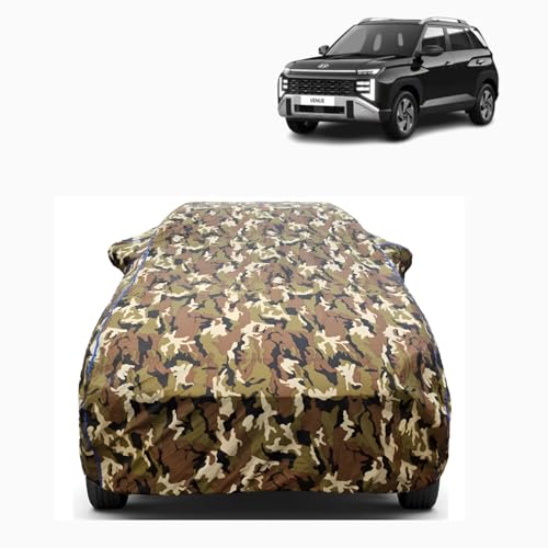 Image of Waterproof Car Body Cover for Hyundai Venue (2015-2026) with Mirror Pocket, UV Protection, Buckle Belt, 100% Water-Resistant (Jungle)