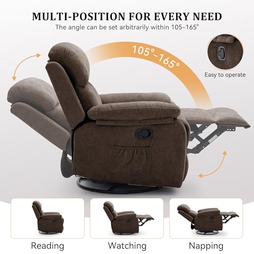 Image of Korser Recliner Chair, 360 Swivel Rocker Chair for Adults, Small Rocking Recliner Chair for Small Spaces, Upholstered Chenille Fabric Glider Recliner Nursery Chair with Side Pockets for Living Room