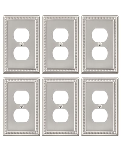 TREEWELL 6-Pack Duplex Outlet Cover Plate Metal Wall Plates for Electrical Outlets Brushed Nickel 1 Gang Receptacle Cover Pearls Decorative Switch Plates and Outlet Covers