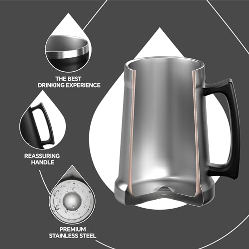 Image of Ideus Insulated Beer Stein, 24 /32oz Stainless Steel Double Walled Beer Mug Giant Bar Drinkware Metal Beer Cup with Big Grip Handle (Black, 34oz (1,000ml))