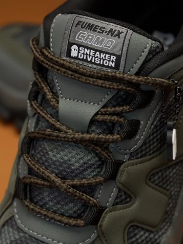 Image of The Souled Store Fumes NX: Sage Men and Boys Low Top Sneakers Green and Off White Streetwear Chunky Trainer Breathable Mesh Cushioned Midsole Durable Sole Lace Up Lightweight Padded Collar