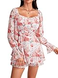 LYANER Women's Floral Print Off Shoulder Long Sleeve Ruffle Hem Romper Short Jumpsuit Floral Pink X-Large