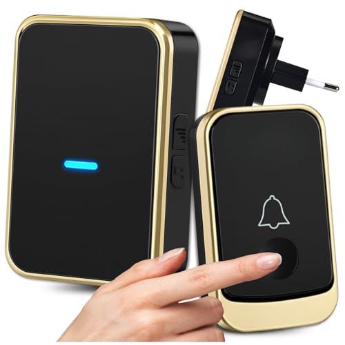 Sonnette sans fil pour porte, portail, portail, large portée, 150m, étanche, résistant au gel, fort et clair, 4 niveaux de volume, 0-100 dB, 45 mélodies au choix, installation facile, noir et or