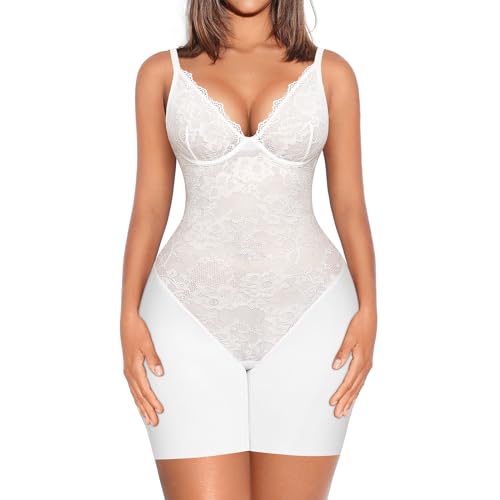FeelinGirl White Cute Body Suits Women Lace Shapewear Bodysuit Tops Sexy Body Shaper Lingerie Going Out Fashion Outfits