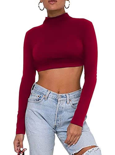 Remidoo Women s Sexy Backless Mock Neck Long Sleeve Crop Top T-Shirt Solid Burgundy X-Large