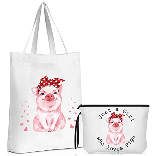 Sieral 2 Pcs Pig Gifts for Animal Lover Pig Canvas Tote Bag Zipper Pouch