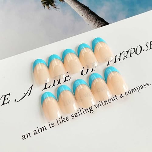 DANMANR Square Press on Nails Short Fake Nails French Acrylic Full Cover False Nails for Women and Girls 24PCS (Blue French)