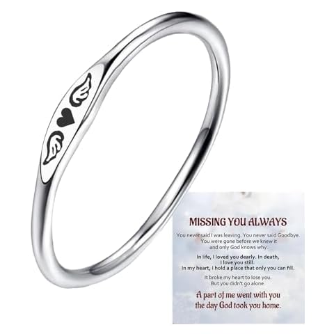 LIU JUN For Memorial - Tiny Heart With Wings Ring, Missing You Always ring I'll Hold You in My Heart Ring Lost Loved One Ring Loss Memorial Jewelry Gift (8) Cover