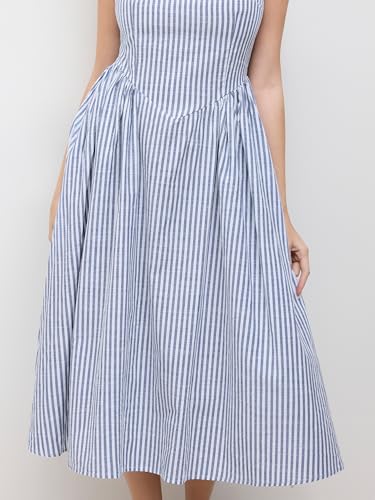 CIDER Summer Striped Ruffle Maxi Dress Boat Neck Regular Fit Mid Waist Casual Woven Short Sleeve4