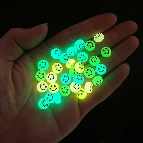 200pcs Glowing Solar Luminous Smiley Face Beads Mixed Acrylic Glow in The Dark Happy Face Beads Charms with Rope for DIY Jewelry Craft Making Party Decoration (Luminous)