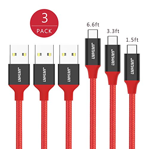 USB Type C Cable,JianHan 3 Pack USB A to USB-C Braided Cord Fast Charging Type-C Charger Cable for Samsung Galaxy S9,S8,S8 Plus,Note 8,LG G6 G5 V20 V30,Nexus 6P,5X,Nintendo Switch (1ft /3ft /6ft Red)