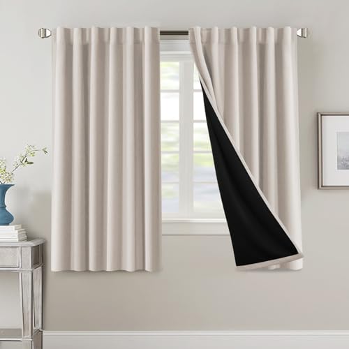 H.VERSAILTEX 100% Blackout Curtains for Bedroom with Black Liner Full Room Darkening Curtain 63 Inch Long Thermal Insulated Back Tab/Rod Pocket Window Drapes for Living Room, 2 Panels, Fog