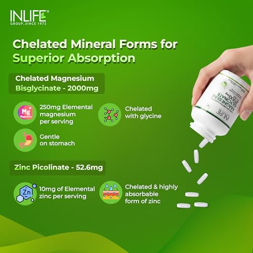 Image of INLIFE Magnesium Glycinate Unbuffered 2000mg with Zinc, Chelated Bisglycinate, Muscle Sleep & Nerve Health, Men Women (120 Tablets)