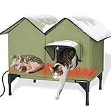 Heated Cat House for Outside Winter, Large Heated Outdoor Cat House Weatherproof, Elevated Bed, Escape Door, Insulated Outdoor Cat Shelter with Heater for Multiple Cats Feral Stray Kitty, Easy Setup