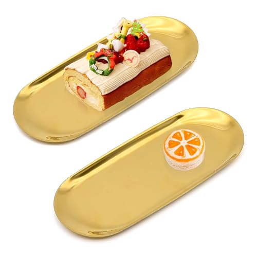 2 Pcs Decorative Tray, Oval Stainless Steel Trinket Tray, Gold Mirror Jewellery Display Trays, Small Vanity Item Organising Bathroom Serving Trays for Perfume Cosmetics Towel Coffee Dessert Key (Gold)