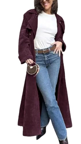 utcoco Womens Faux Suede Long Trench Coat Notched Lapel Double Breasted Pea Coat Overcoat with Belt (Large, Wine)